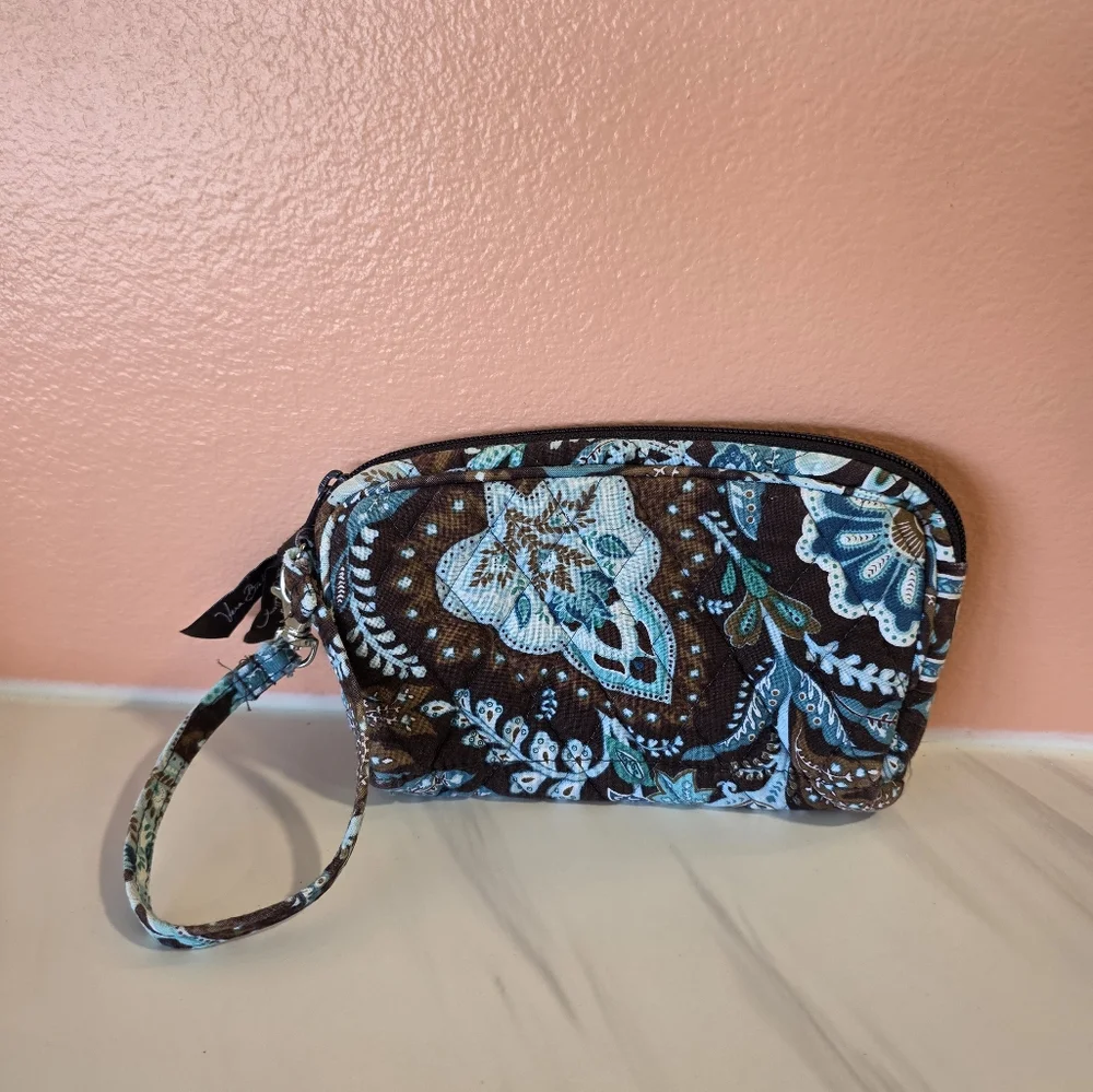 Vera Bradley Mini Bag Cosmetic Clutch Brown and Blue Paisley Floral Wristlet